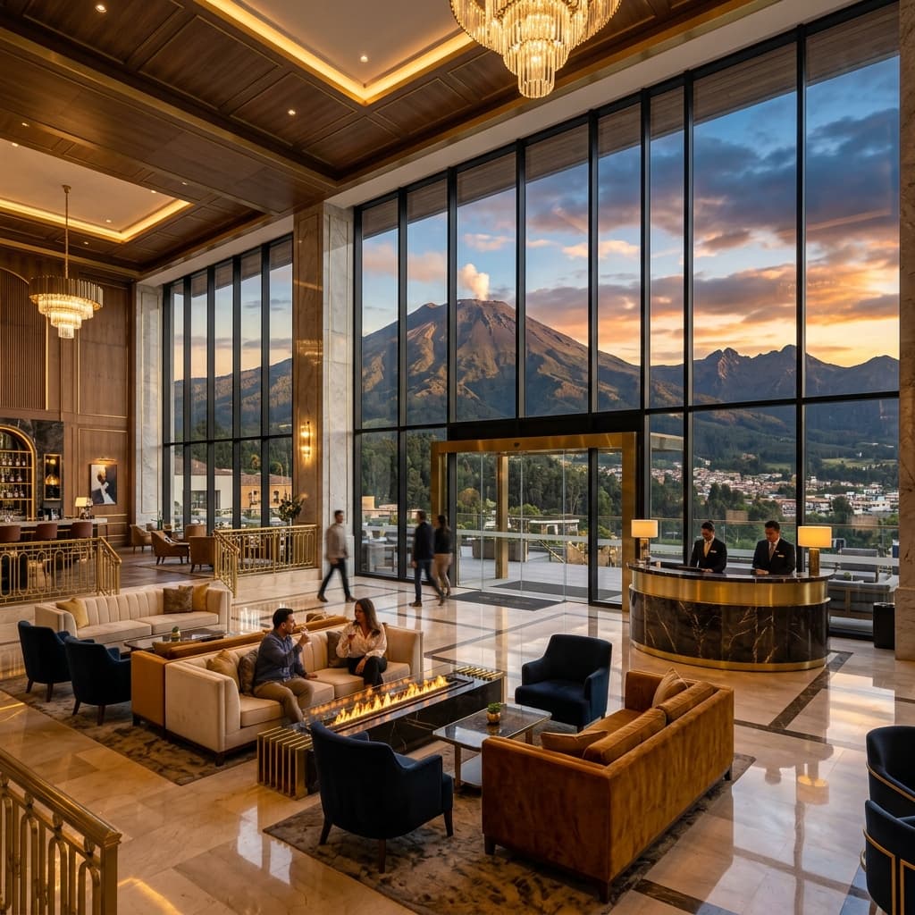 Vista panorámica del Hotel Galeras Luxury junto al volcán